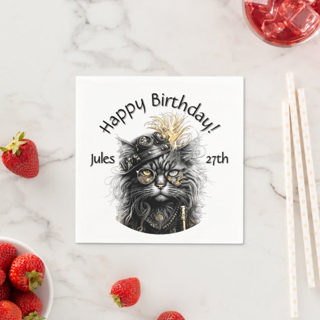 Cool Steampunk Cat Name and Age Text Napkins (Insitu)