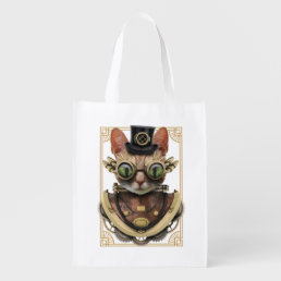 Cool Steampunk Orange Tabby Cat Grocery Bag