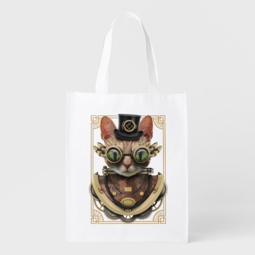 Cool Steampunk Orange Tabby Cat Grocery Bag