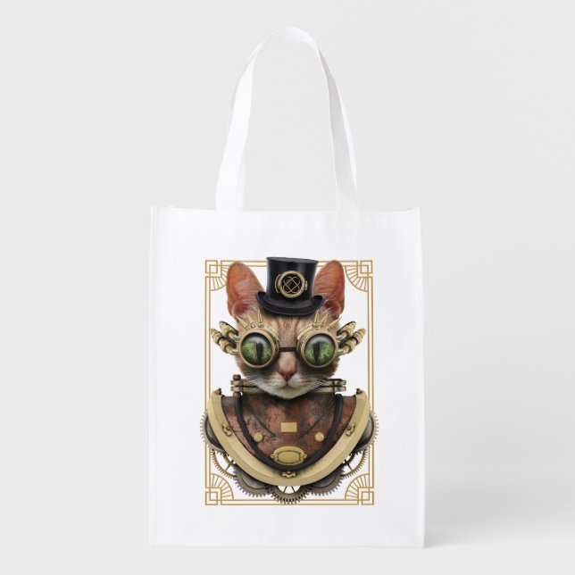 Cool Steampunk Orange Tabby Cat Grocery Bag (Front)