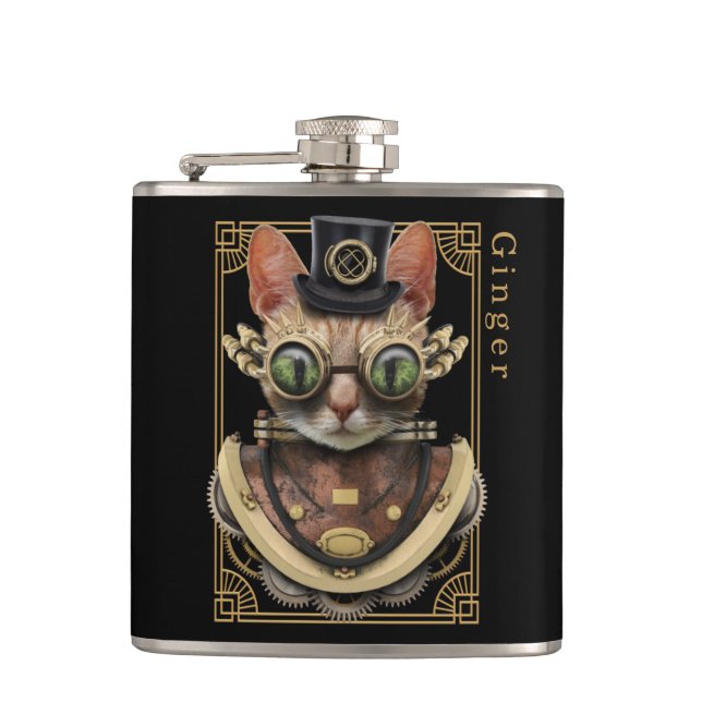 Cool Steampunk Orange Tabby Cat with Name Flask (Front)