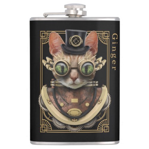 Cool Steampunk Orange Tabby Cat with Name Flask