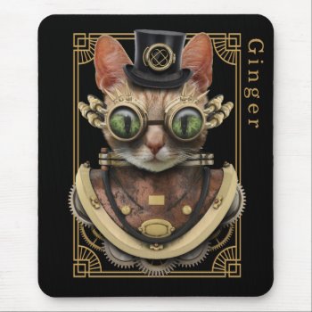 Cool Steampunk Orange Tabby Cat With Name Mouse Pad by encore_arts at Zazzle