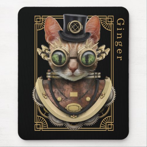 Cool Steampunk Orange Tabby Cat with Name Mouse Pad