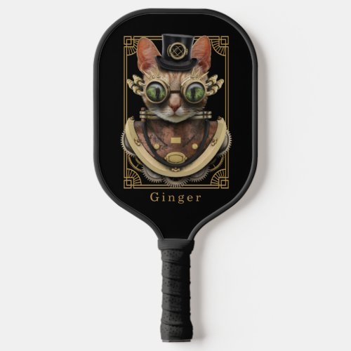 Cool Steampunk Orange Tabby Cat with Name Pickleball Paddle