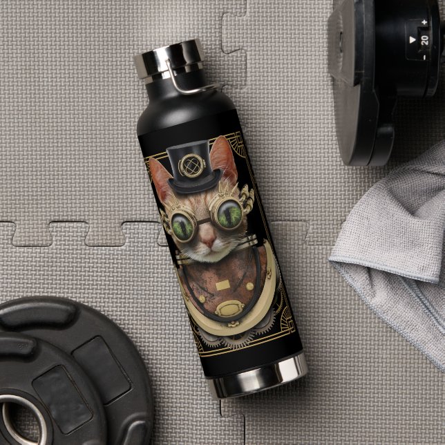 Cool Steampunk Orange Tabby Cat with Name Water Bottle (Gym)