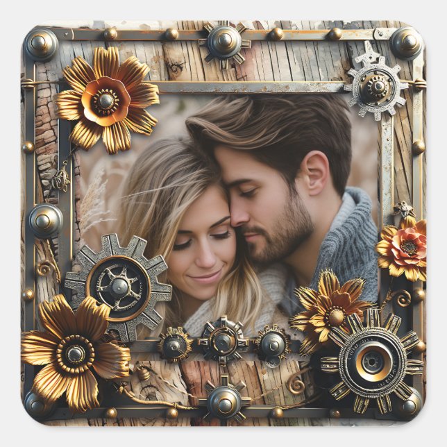 Cool Steampunk Personalized Photo Square Sticker (Front)