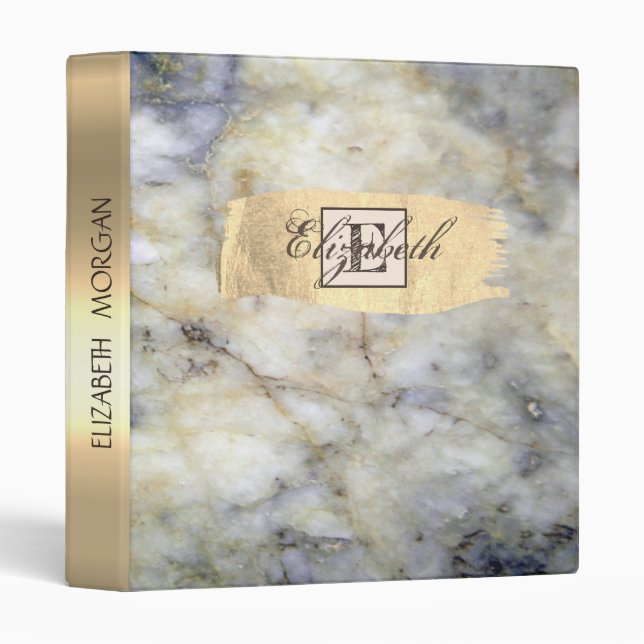 Cool  Stone Marble,Gold Brush Stroke, Monogram 3 Ring Binder (Front/Spine)