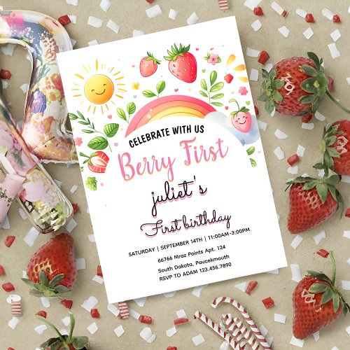 Cool strawberry berry 1st party First birthday Invitation