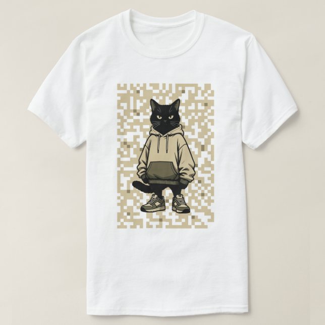 Cool Streetwear Black Cat in Hoodie: Pixelated Urb T-Shirt (Design Front)