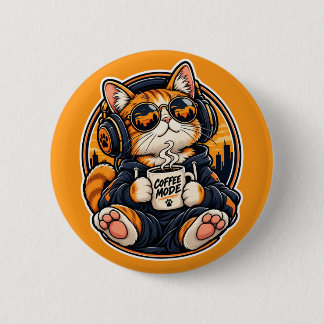 Cool Streetwear Cat Drinking Coffee Button