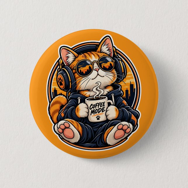 Cool Streetwear Cat Drinking Coffee Button (Front)