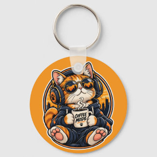Cool Streetwear Cat Drinking Coffee Keychain