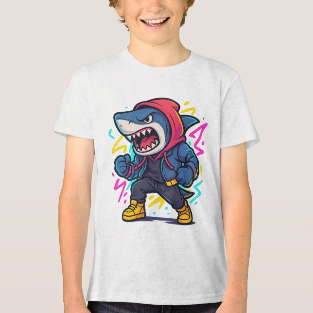 Cool Streetwear Shark Cartoon T-Shirt Tri-Blend Shirt (Front)