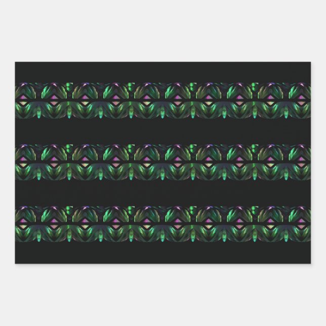 Cool Striped Peacock Crystal Black Green Pattern Wrapping Paper Sheets (Front)