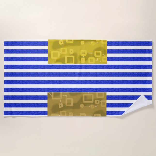Cool Stripes Blue Gold Geometric  Beach Towel (Front)