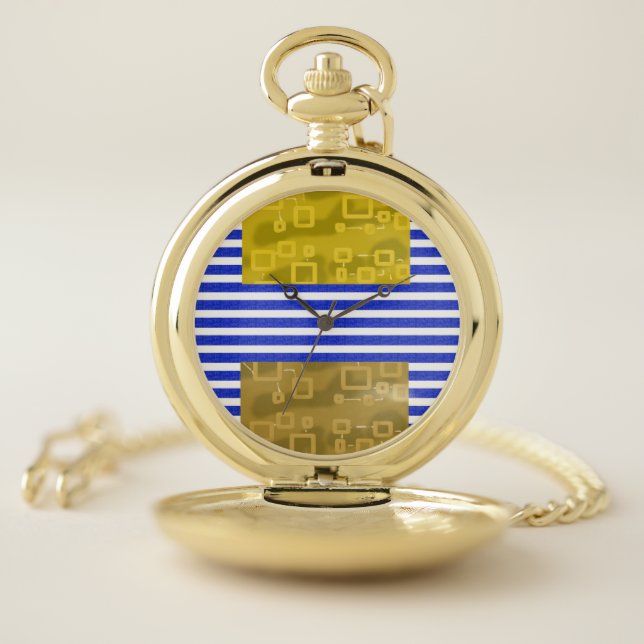 Cool Stripes Blue Gold Geometric  Pocket Watch (Inside)