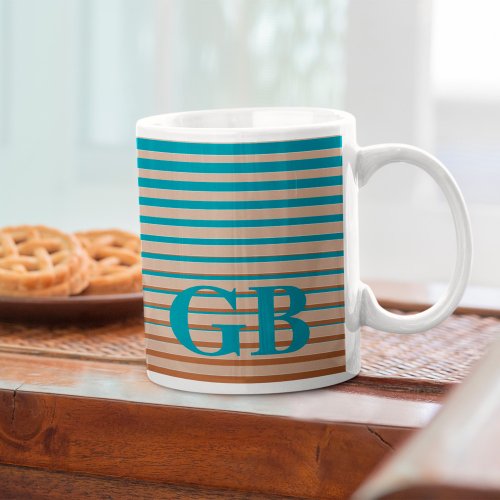 Cool Stripes Brown  Blue Monogrammed Coffee Mug