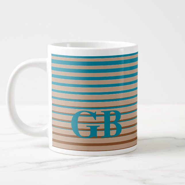 Cool Stripes Brown & Blue Monogrammed Giant Coffee Mug (Left)