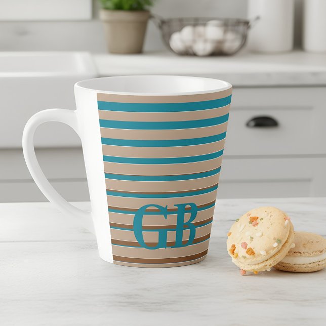 Cool Stripes Brown & Blue Monogrammed Latte Mug (blue and brown stripes with monogram mug)