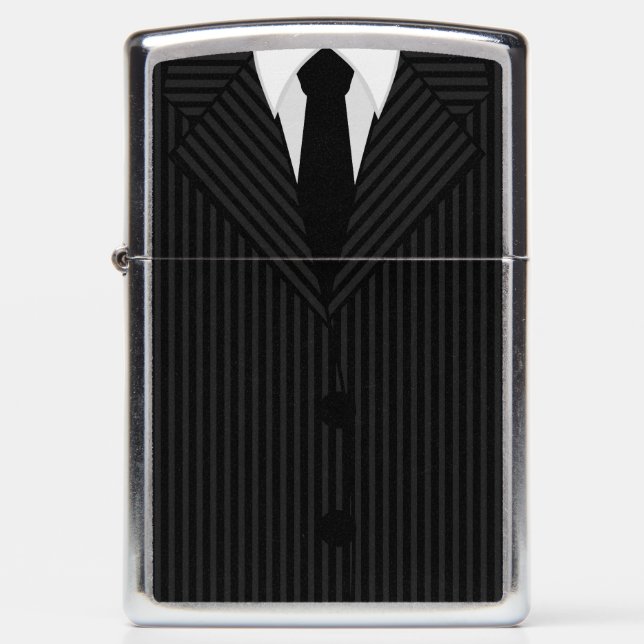 Cool Stylish Black and Gray Pinstripe Suit and Tie Zippo Lighter (Front)