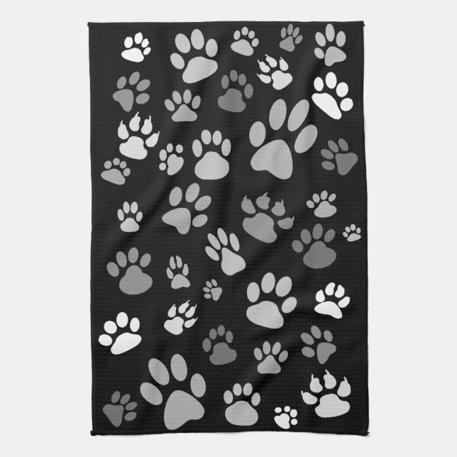 Cool Stylish Black & White Scattered Paw Prints Kitchen Towel (Vertical)