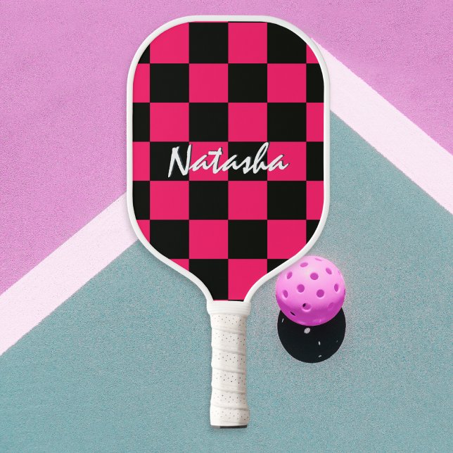 Cool Stylish Hot Pink Black Checkered Patterned Pickleball Paddle (A personalized pickleball paddle, with an eye-catching hot pink and black check pattern)