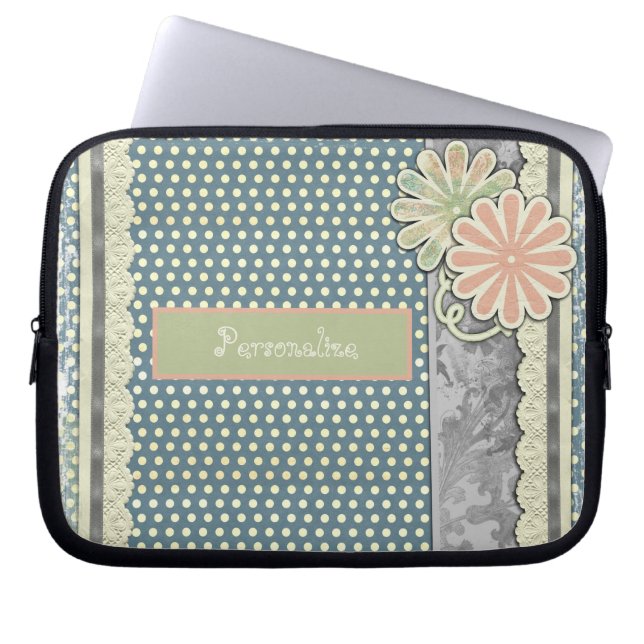 Cool Stylish Polka Dots Lace & Daisies Personalize Laptop Sleeve (Front)