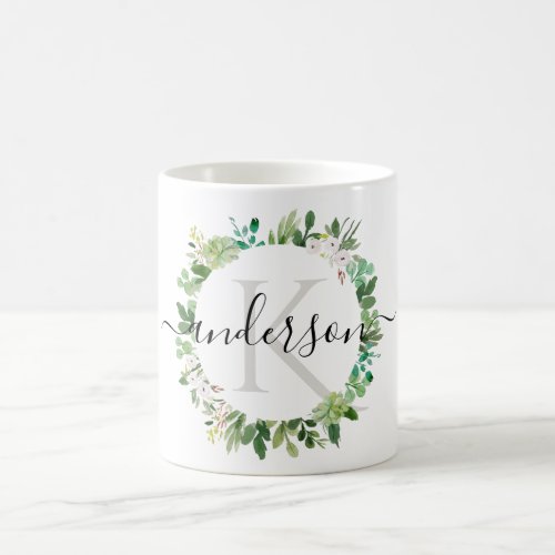 COOL SUCCULENT WREATH FOLIAGE WATERCOLOR MONOGRAM COFFEE MUG