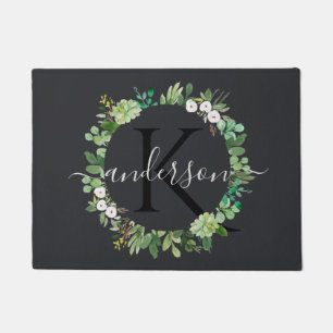 COOL SUCCULENT WREATH FOLIAGE WATERCOLOR MONOGRAM DOORMAT