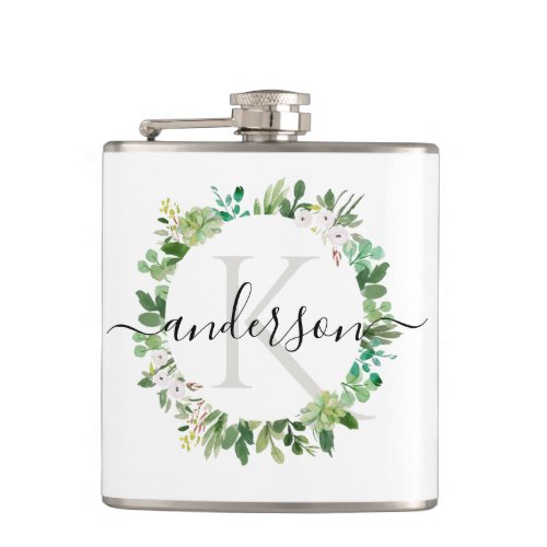 COOL SUCCULENT WREATH FOLIAGE WATERCOLOR MONOGRAM FLASK