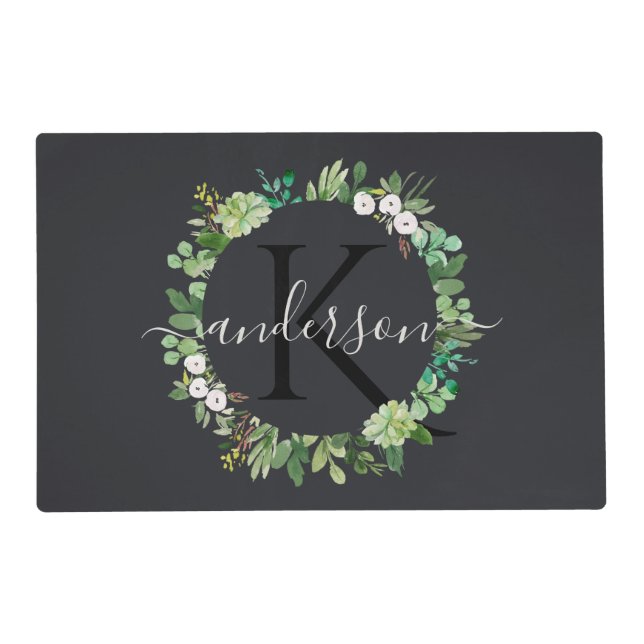 COOL SUCCULENT WREATH FOLIAGE WATERCOLOR MONOGRAM PLACEMAT (Front)