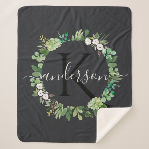 COOL SUCCULENT WREATH FOLIAGE WATERCOLOR MONOGRAM SHERPA BLANKET