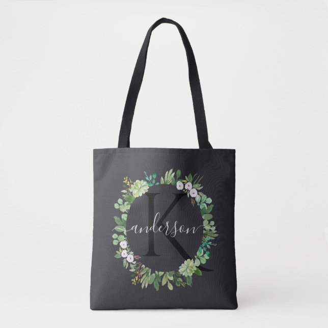 COOL SUCCULENT WREATH FOLIAGE WATERCOLOR MONOGRAM TOTE BAG (Front)