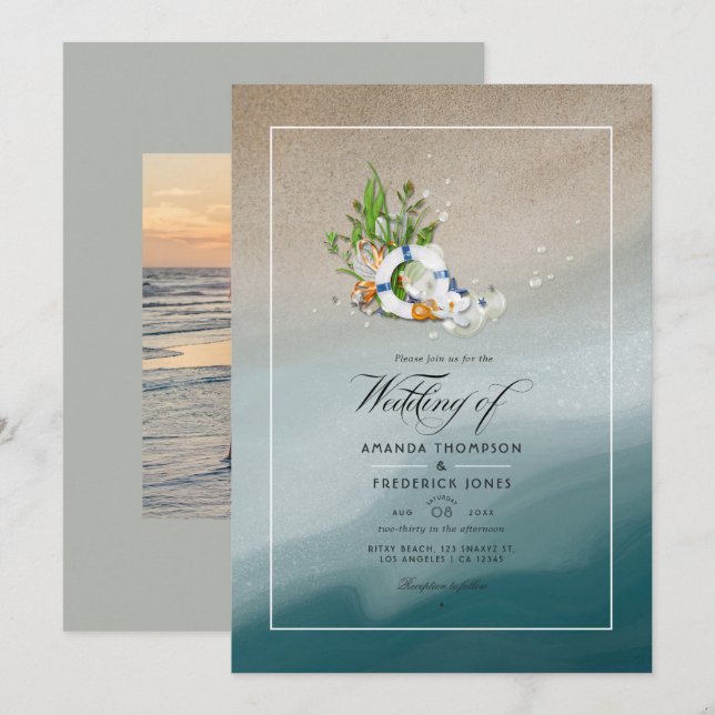 Cool Summer Beach Wedding Photo Invitation (Front/Back)