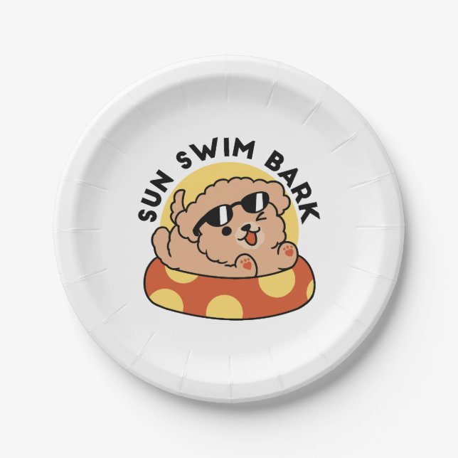 Cool Summer Dog Floating – Cute Puppy Pool Party Paper Plates (Front)