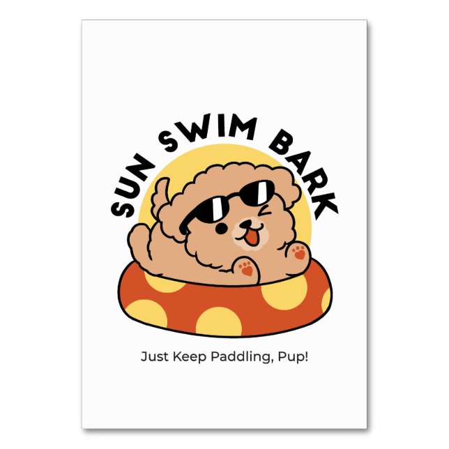 Cool Summer Dog Floating – Cute Puppy Pool Party Table Number (Front)