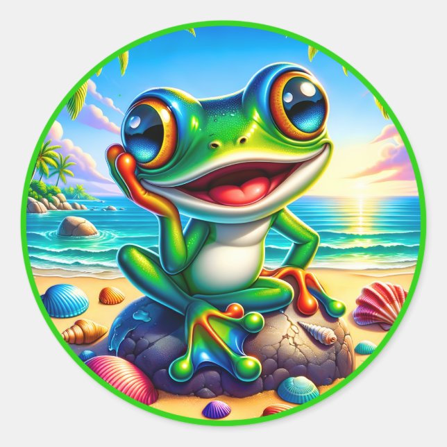 Cool Summer frog lovers beach Classic Round Sticker (Front)