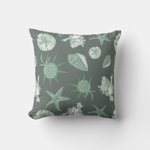 Cool Summer green seashells on medium green Throw Pillow