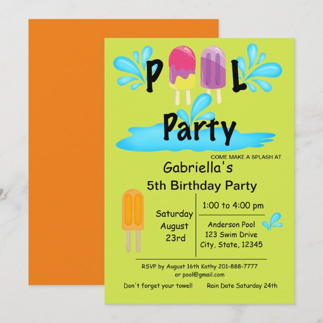 Cool Summer Sun Splash Pool Party Birthday Invitation (Front/Back)