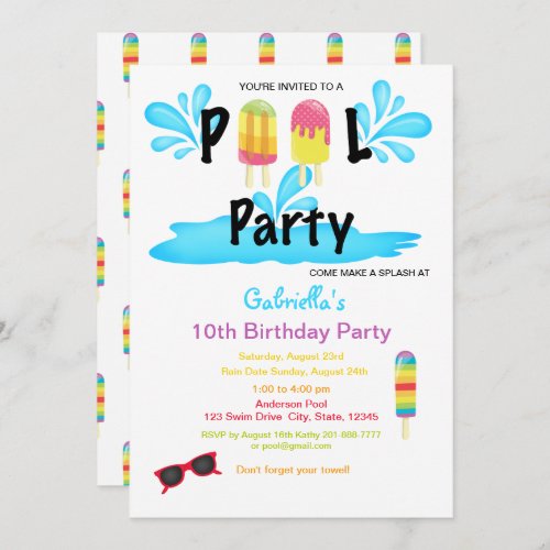 Cool Summer Sun Splash Pool Party Birthday Invitation