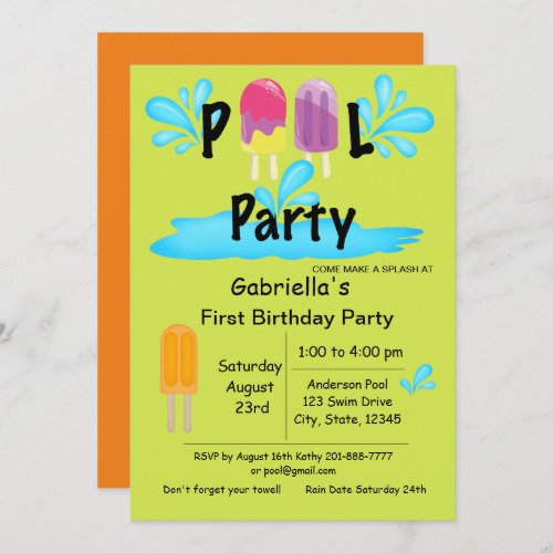 Cool Summer Sun Splash Pool Party First Birthday Invitation