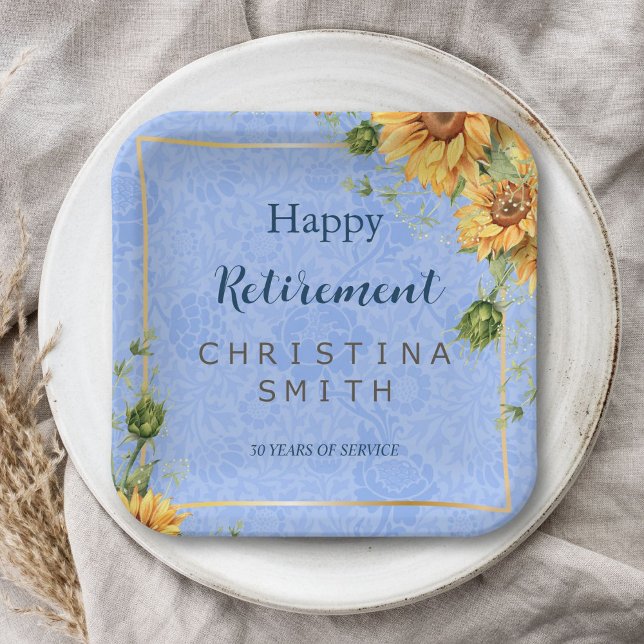 Cool Summer Sunflower Watercolor Retirement Party Paper Plates (Cool Summer Sunflower Watercolor Retirement Party)
