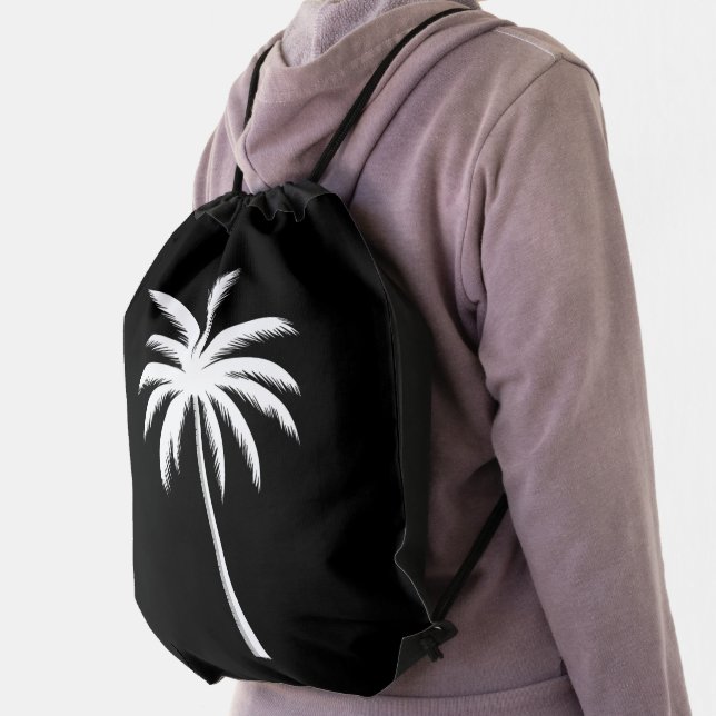 Cool Summer Vacation Sunset Beach Palm Tree Drawstring Bag (Insitu)