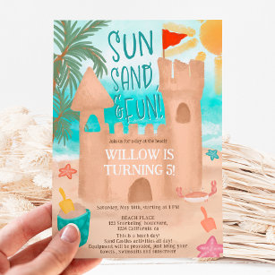 Cool Sun Fun Beach Party Sand Castle Kids birthday Invitation