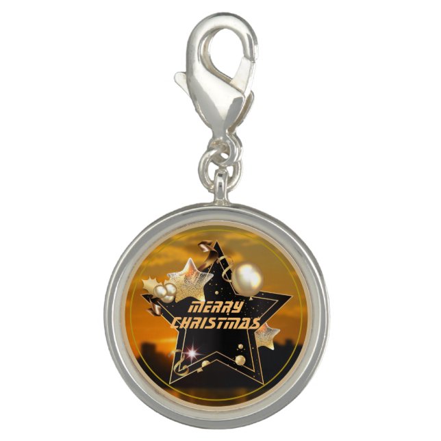 Cool Sunrise Gold Black Metallic Stars Merry Xmas Charm (Front)
