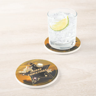 Cool Sunrise Gold Black Metallic Stars Merry Xmas  Coaster