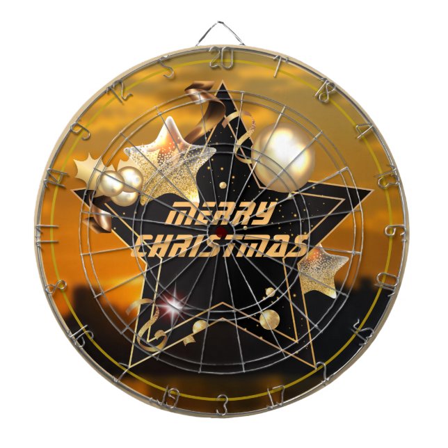 Cool Sunrise Gold Black Metallic Stars Merry Xmas Dart Board (Front)