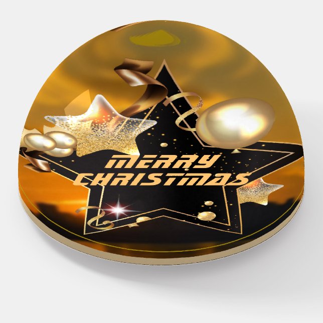 Cool Sunrise Gold Black Metallic Stars Merry Xmas Paperweight (Angled)