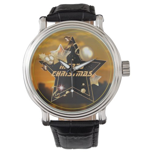 Cool Sunrise Gold Black Metallic Stars Merry Xmas Watch